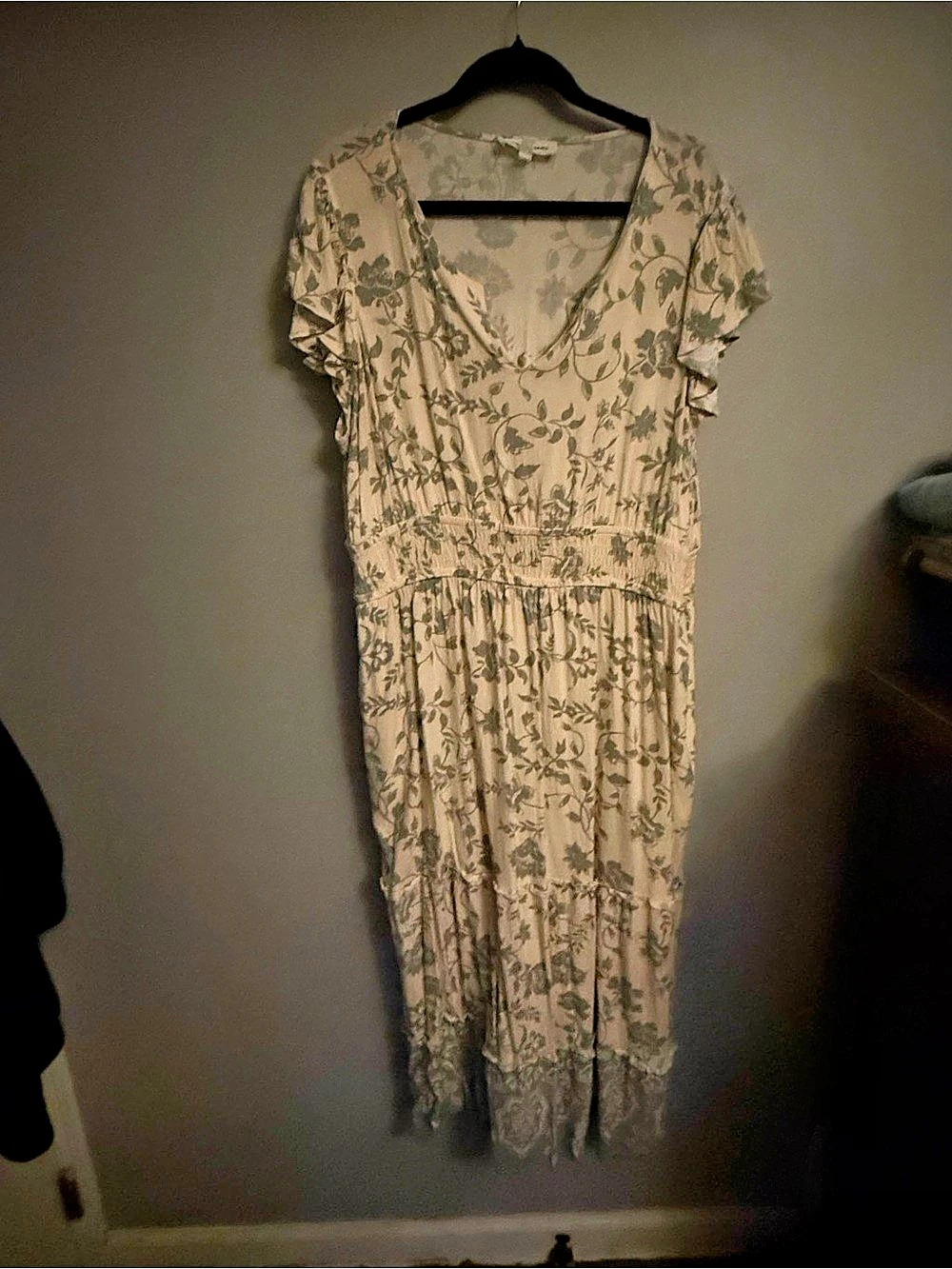 Lucky Brand Boho Smocked Waist Floral Maxi Dress Beige & Blue 2X Like New